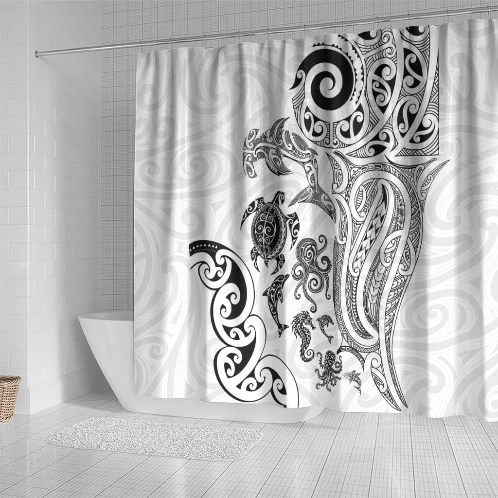 New Zealand Sea Animals with Maori Tribal Tattoo Shower Curtain White Color LT03 - Polynesian Pride