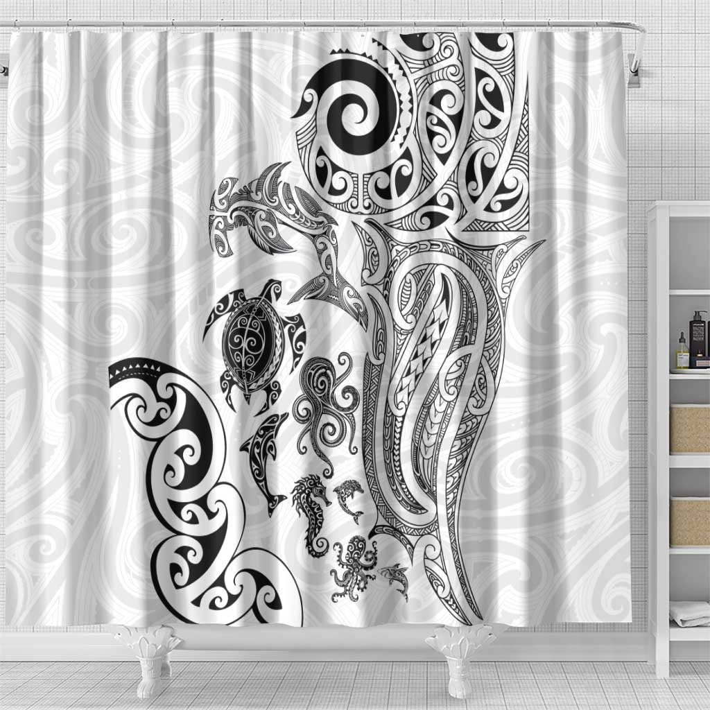 New Zealand Sea Animals with Maori Tribal Tattoo Shower Curtain White Color LT03 - Polynesian Pride