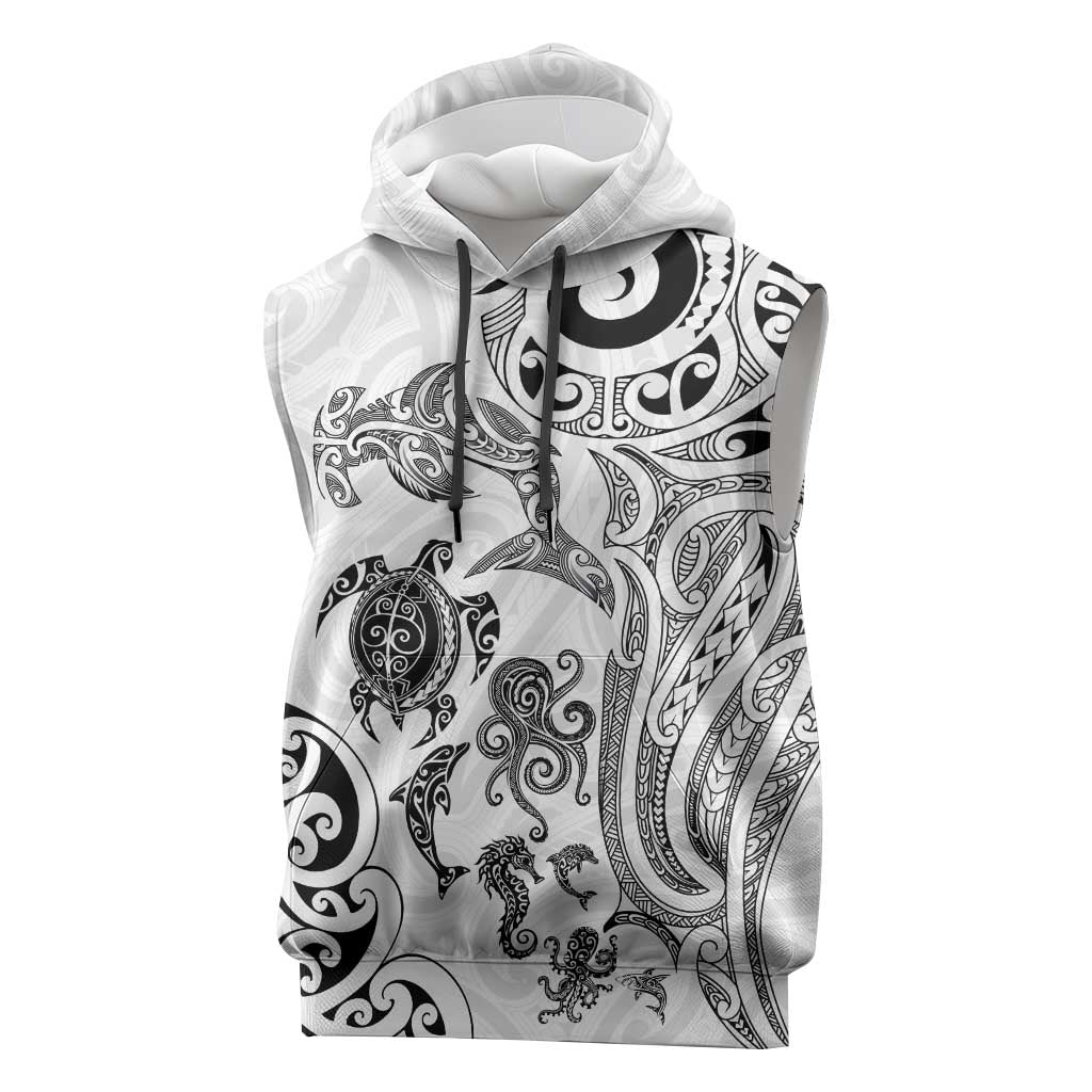 New Zealand Sea Animals with Maori Tribal Tattoo Sleeveless Hoodie White Color LT03 White - Polynesian Pride
