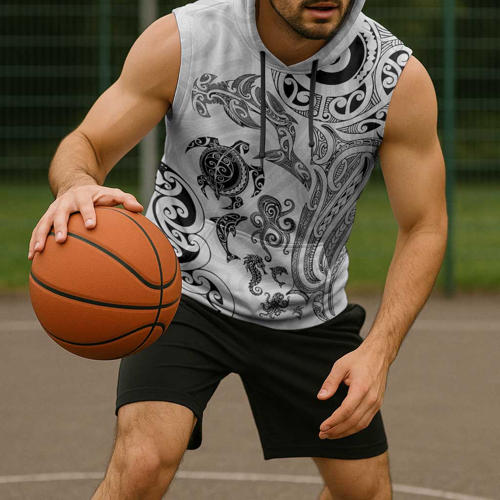 New Zealand Sea Animals with Maori Tribal Tattoo Sleeveless Hoodie White Color LT03 - Polynesian Pride
