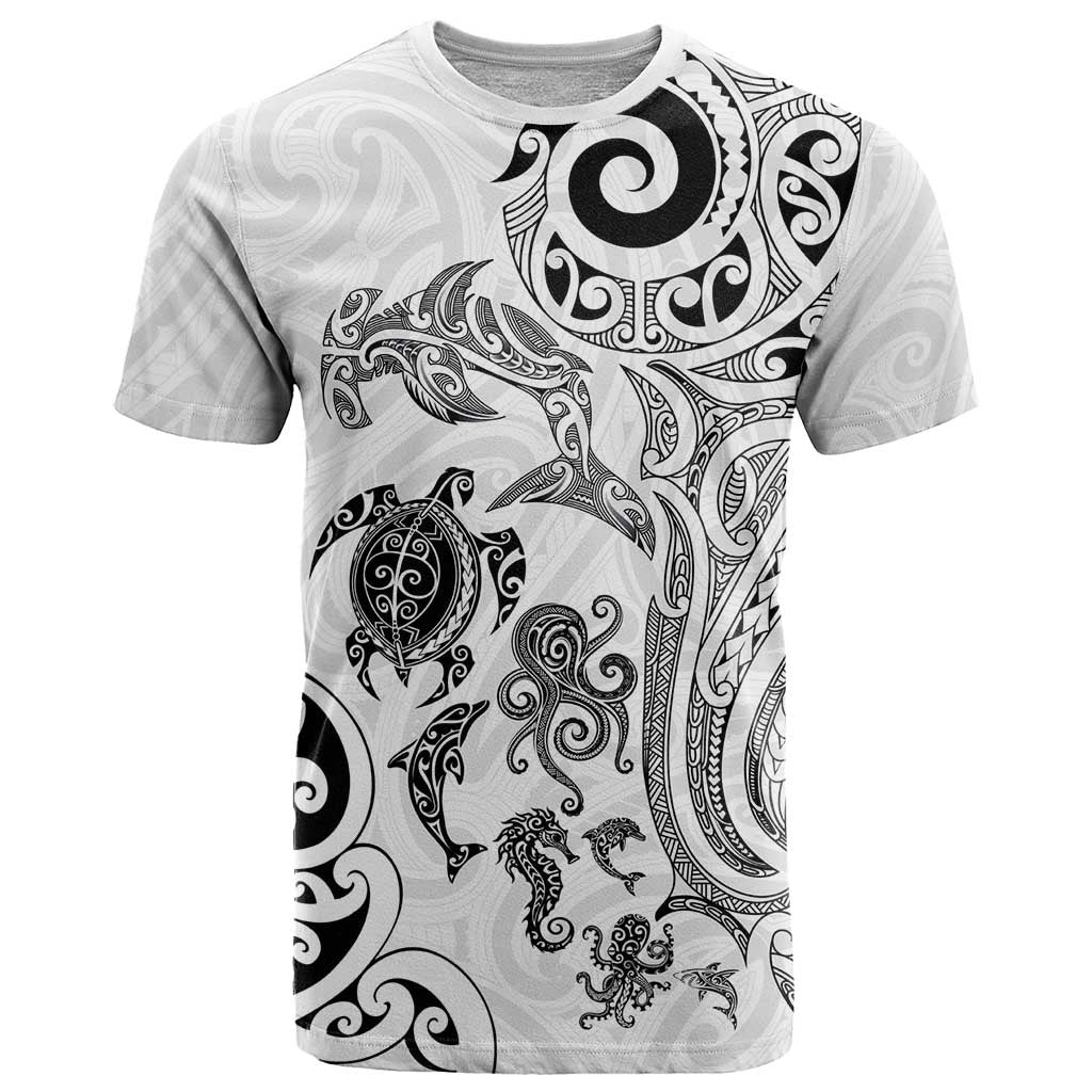 New Zealand Sea Animals with Maori Tribal Tattoo T Shirt White Color LT03 White - Polynesian Pride