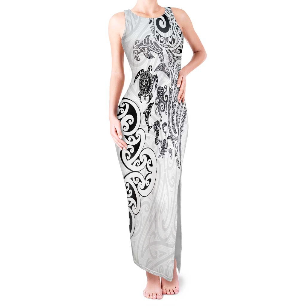New Zealand Sea Animals with Maori Tribal Tattoo Tank Maxi Dress White Color LT03 Women White - Polynesian Pride