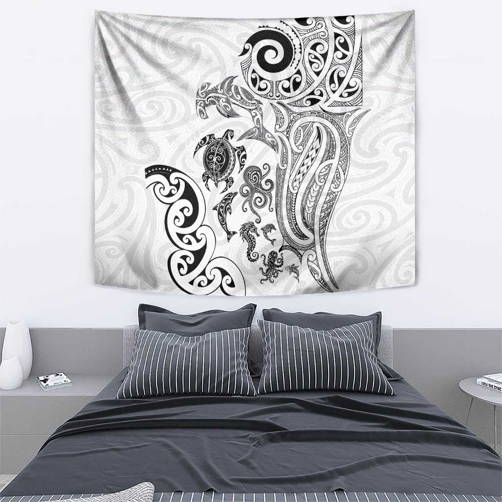 New Zealand Sea Animals with Maori Tribal Tattoo Tapestry White Color