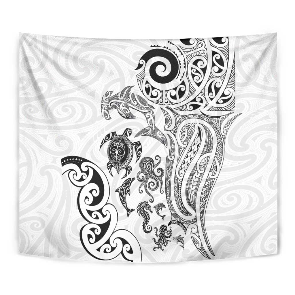 New Zealand Sea Animals with Maori Tribal Tattoo Tapestry White Color