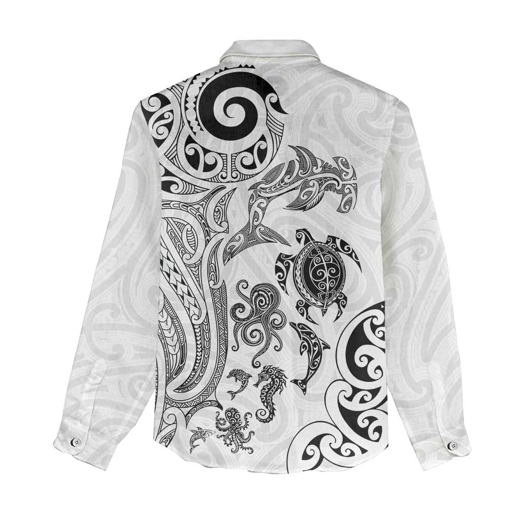 New Zealand Sea Animals with Maori Tribal Tattoo Women Casual Shirt White Color