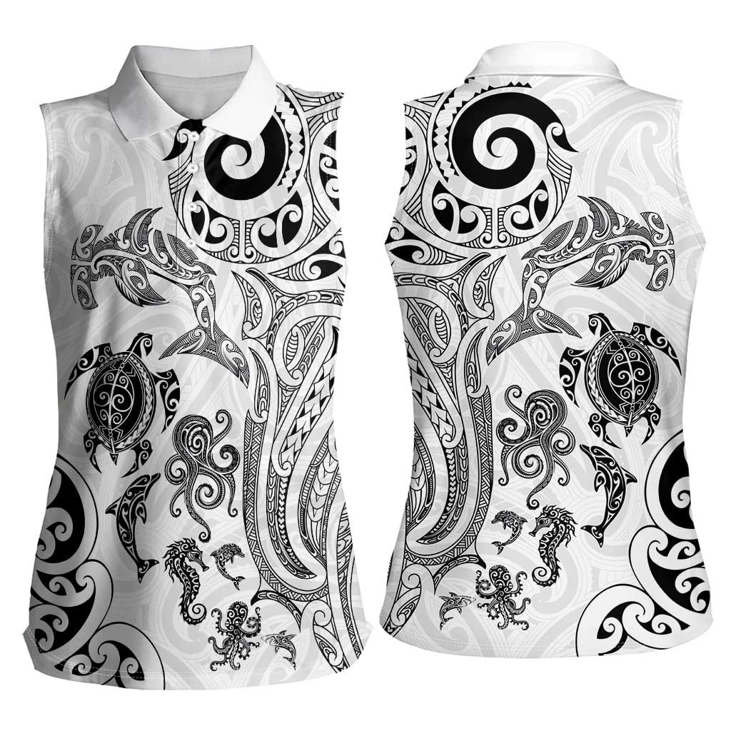 New Zealand Sea Animals with Maori Tribal Tattoo Women Sleeveless Polo Shirt White Color LT03 - Polynesian Pride