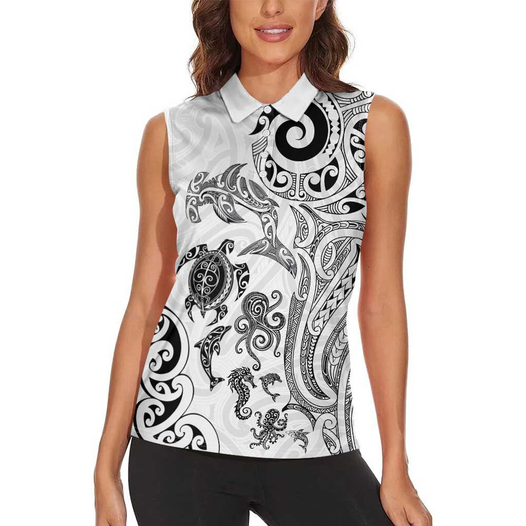 New Zealand Sea Animals with Maori Tribal Tattoo Women Sleeveless Polo Shirt White Color LT03 - Polynesian Pride