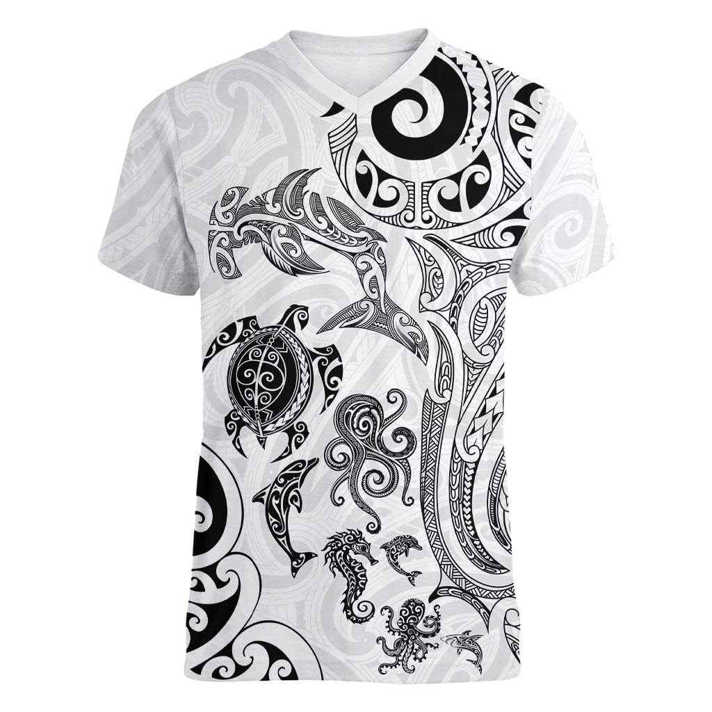 New Zealand Sea Animals with Maori Tribal Tattoo Women V-Neck T-Shirt White Color LT03 Female White - Polynesian Pride