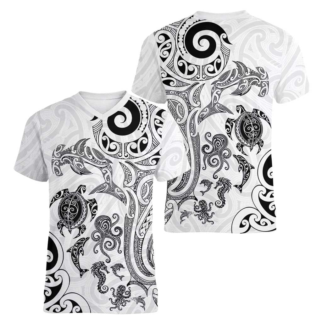 New Zealand Sea Animals with Maori Tribal Tattoo Women V-Neck T-Shirt White Color LT03 - Polynesian Pride