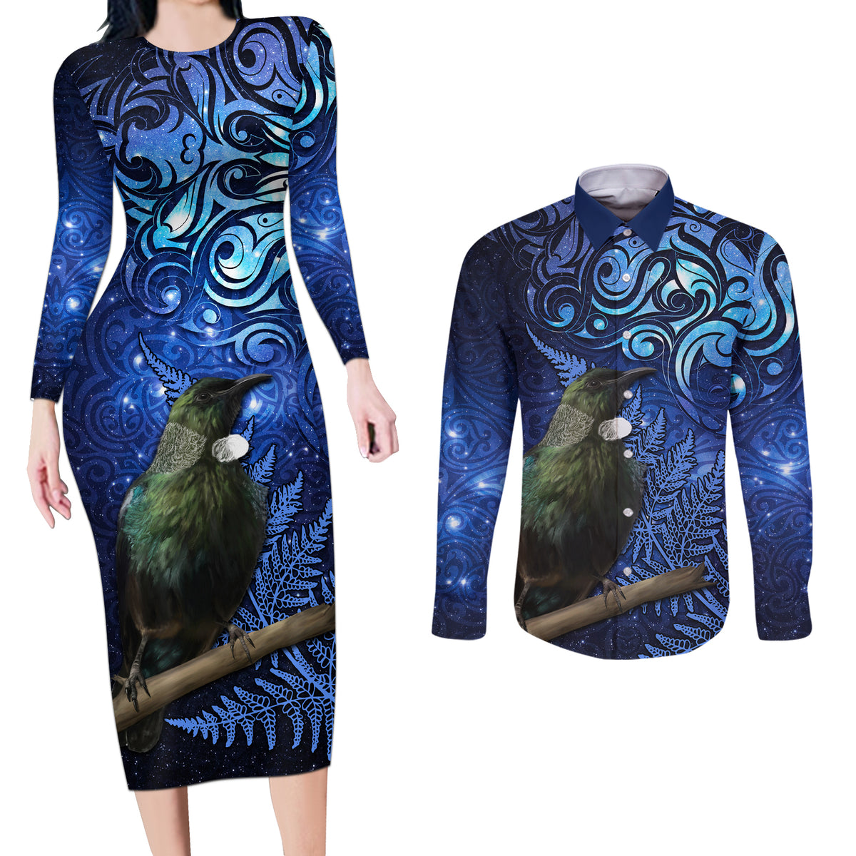 New Zealand Tui Bird Matariki Couples Matching Long Sleeve Bodycon Dress and Long Sleeve Button Shirt Maori New Year with Galaxy Fern LT03 Blue - Polynesian Pride