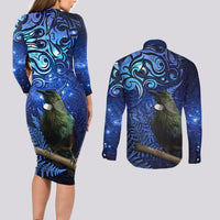 New Zealand Tui Bird Matariki Couples Matching Long Sleeve Bodycon Dress and Long Sleeve Button Shirt Maori New Year with Galaxy Fern LT03 - Polynesian Pride