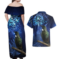 New Zealand Tui Bird Matariki Couples Matching Off Shoulder Maxi Dress and Hawaiian Shirt Maori New Year with Galaxy Fern LT03 - Polynesian Pride