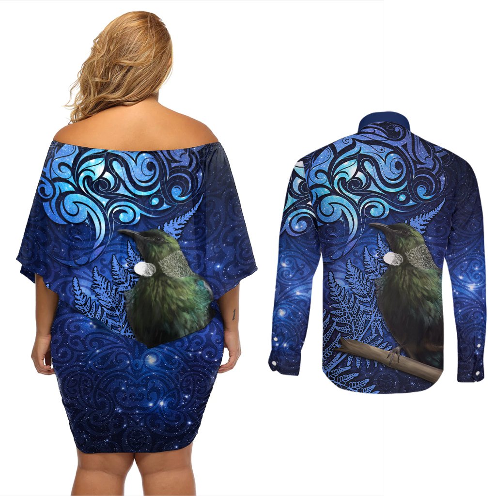 New Zealand Tui Bird Matariki Couples Matching Off Shoulder Short Dress and Long Sleeve Button Shirt Maori New Year with Galaxy Fern LT03 - Polynesian Pride