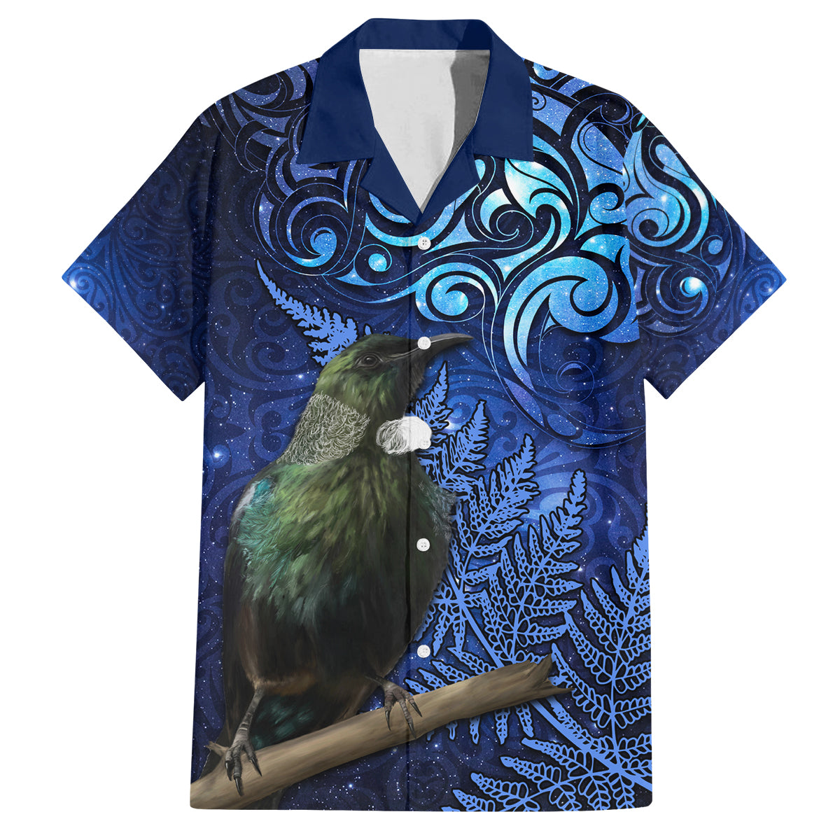New Zealand Tui Bird Matariki Family Matching Puletasi and Hawaiian Shirt Maori New Year with Galaxy Fern LT03 Dad's Shirt - Short Sleeve Blue - Polynesian Pride