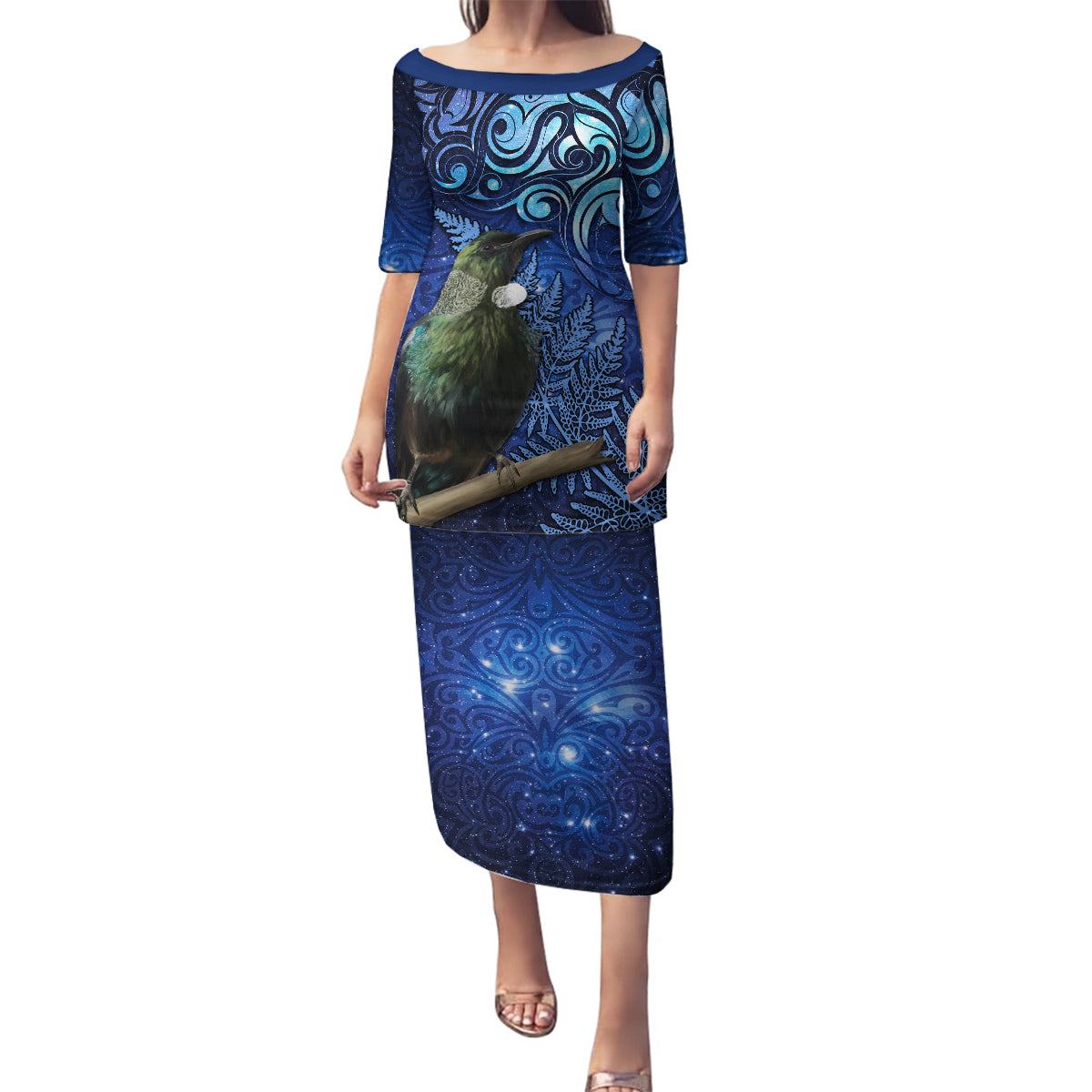 New Zealand Tui Bird Matariki Family Matching Puletasi and Hawaiian Shirt Maori New Year with Galaxy Fern LT03 Mom's Dress Blue - Polynesian Pride