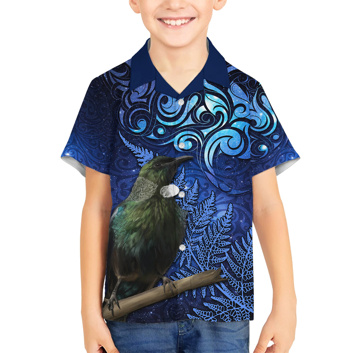 New Zealand Tui Bird Matariki Family Matching Puletasi and Hawaiian Shirt Maori New Year with Galaxy Fern LT03 Son's Shirt Blue - Polynesian Pride