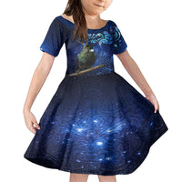 New Zealand Tui Bird Matariki Kid Short Sleeve Dress Maori New Year with Galaxy Fern LT03 KID Blue - Polynesian Pride