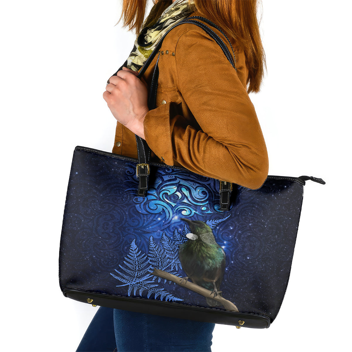 New Zealand Tui Bird Matariki Leather Tote Bag Maori New Year with Galaxy Fern