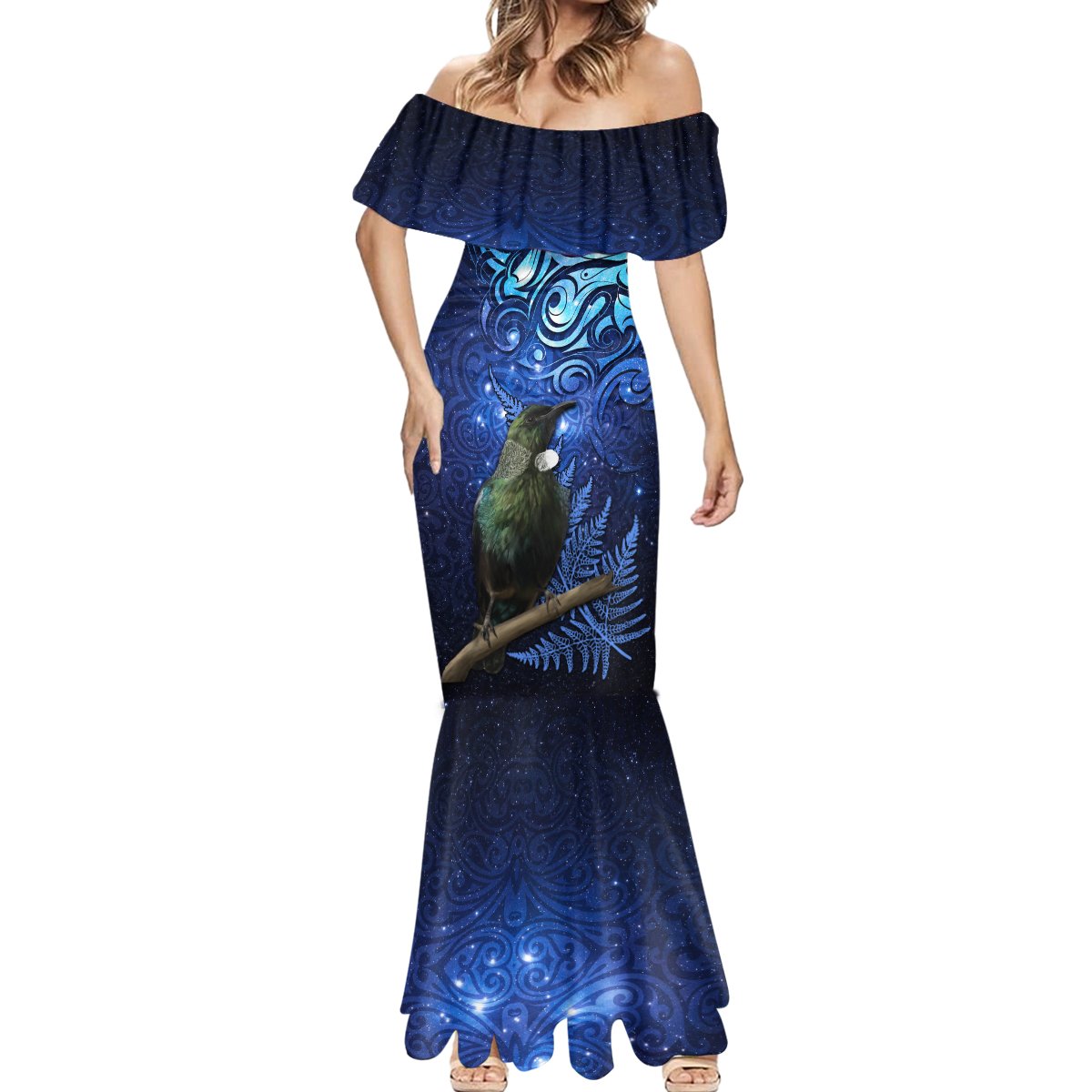 New Zealand Tui Bird Matariki Mermaid Dress Maori New Year with Galaxy Fern LT03 - Polynesian Pride