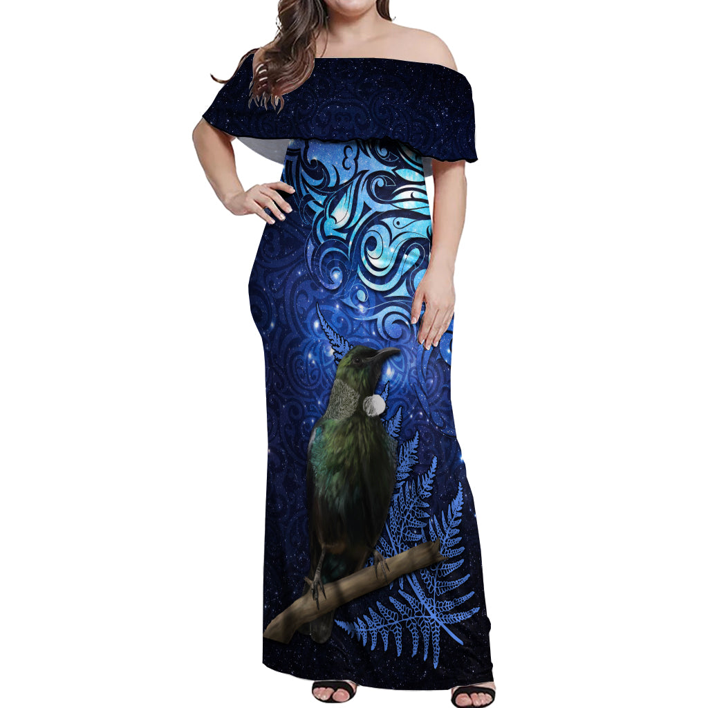New Zealand Tui Bird Matariki Off Shoulder Maxi Dress Maori New Year with Galaxy Fern LT03 Women Blue - Polynesian Pride