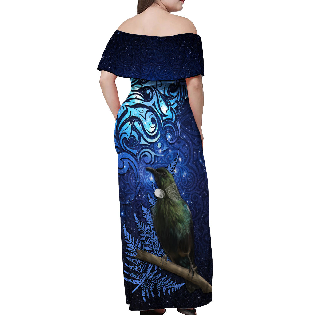 New Zealand Tui Bird Matariki Off Shoulder Maxi Dress Maori New Year with Galaxy Fern LT03 - Polynesian Pride