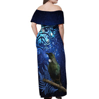 New Zealand Tui Bird Matariki Off Shoulder Maxi Dress Maori New Year with Galaxy Fern LT03 - Polynesian Pride