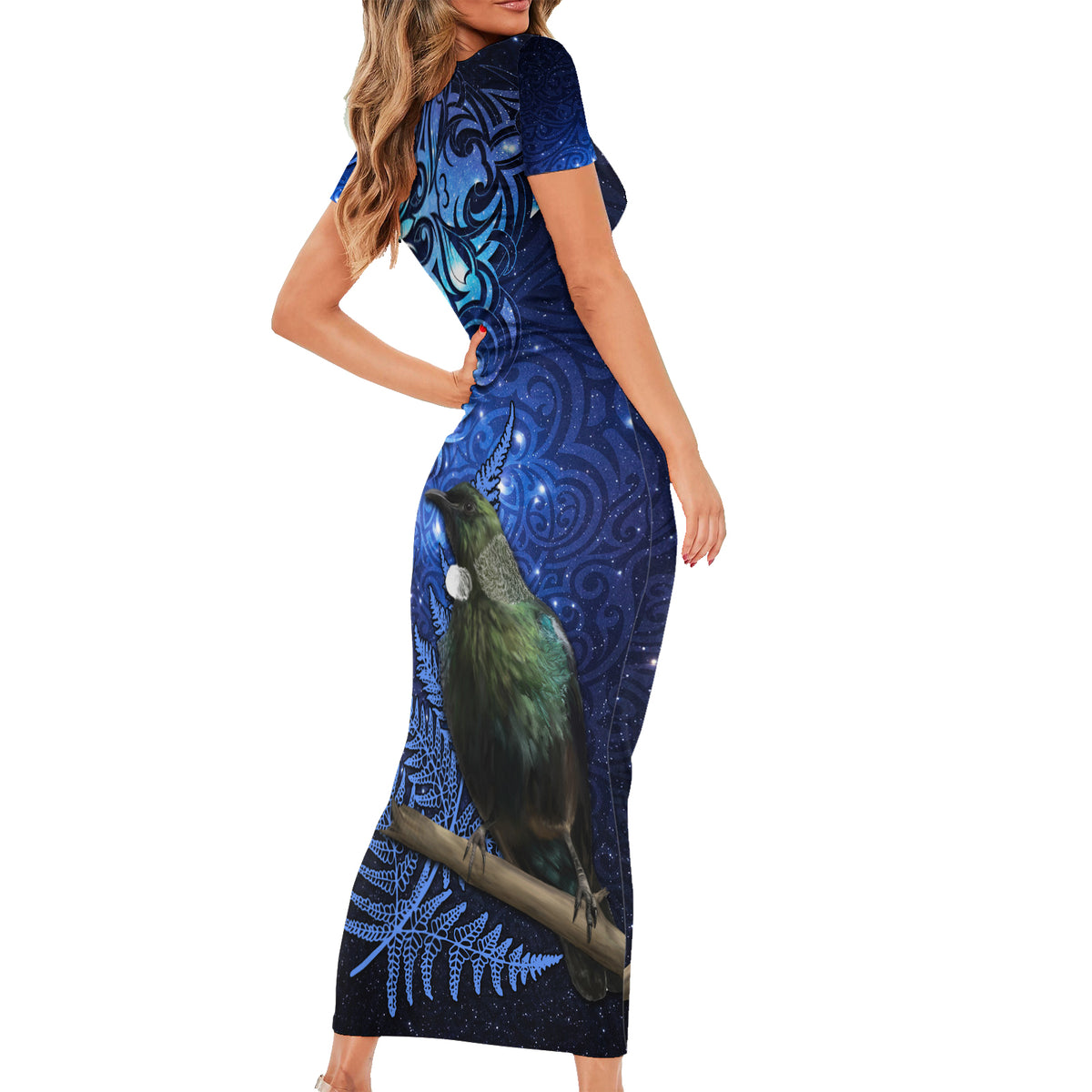 New Zealand Tui Bird Matariki Short Sleeve Bodycon Dress Maori New Year with Galaxy Fern LT03 - Polynesian Pride
