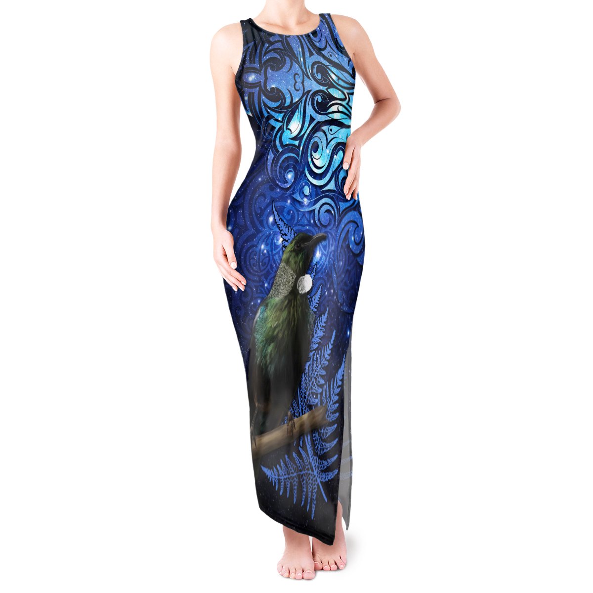 New Zealand Tui Bird Matariki Tank Maxi Dress Maori New Year with Galaxy Fern LT03 Women Blue - Polynesian Pride