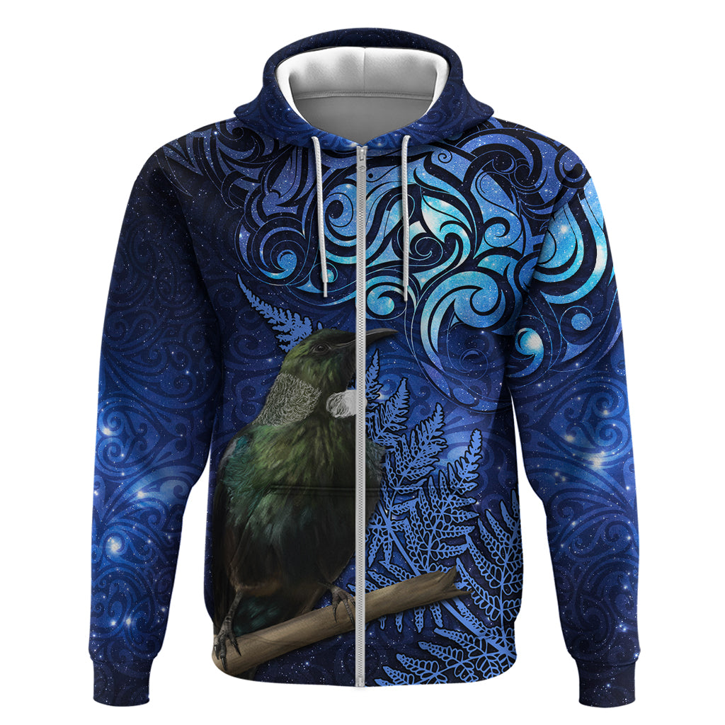 New Zealand Tui Bird Matariki Zip Hoodie Maori New Year with Galaxy Fern LT03 Zip Hoodie Blue - Polynesian Pride