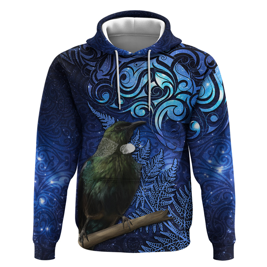 New Zealand Tui Bird Matariki Zip Hoodie Maori New Year with Galaxy Fern LT03 Pullover Hoodie Blue - Polynesian Pride