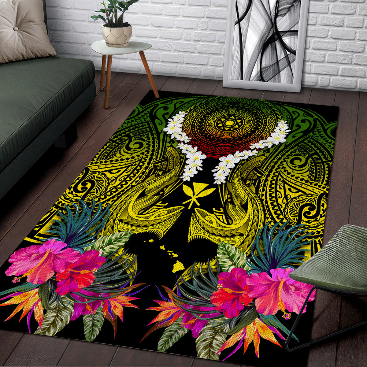 Hawaii Kanaka Maoli Area Rug Double Shark and Hibiscus Flowers