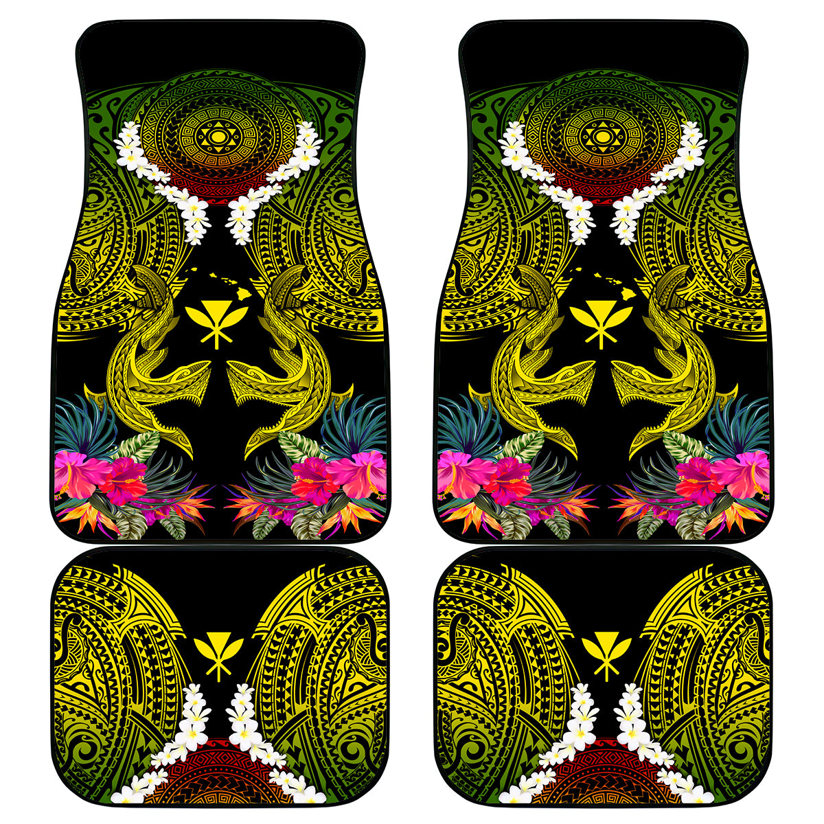 Hawaii Kanaka Maoli Car Mats Double Shark and Hibiscus Flowers