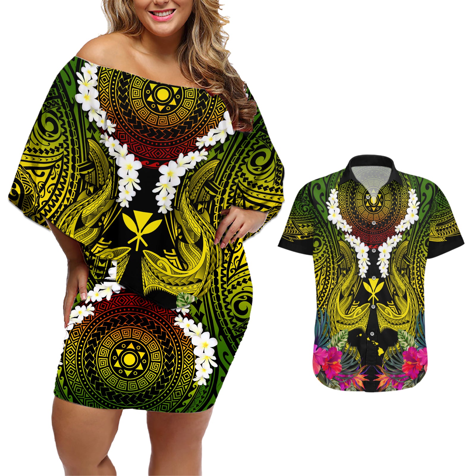 Hawaii Kanaka Maoli Couples Matching Off Shoulder Short Dress and Hawaiian Shirt Double Shark and Hibiscus Flowers