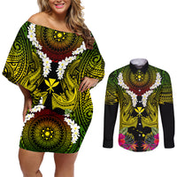 Hawaii Kanaka Maoli Couples Matching Off Shoulder Short Dress and Long Sleeve Button Shirt Double Shark and Hibiscus Flowers