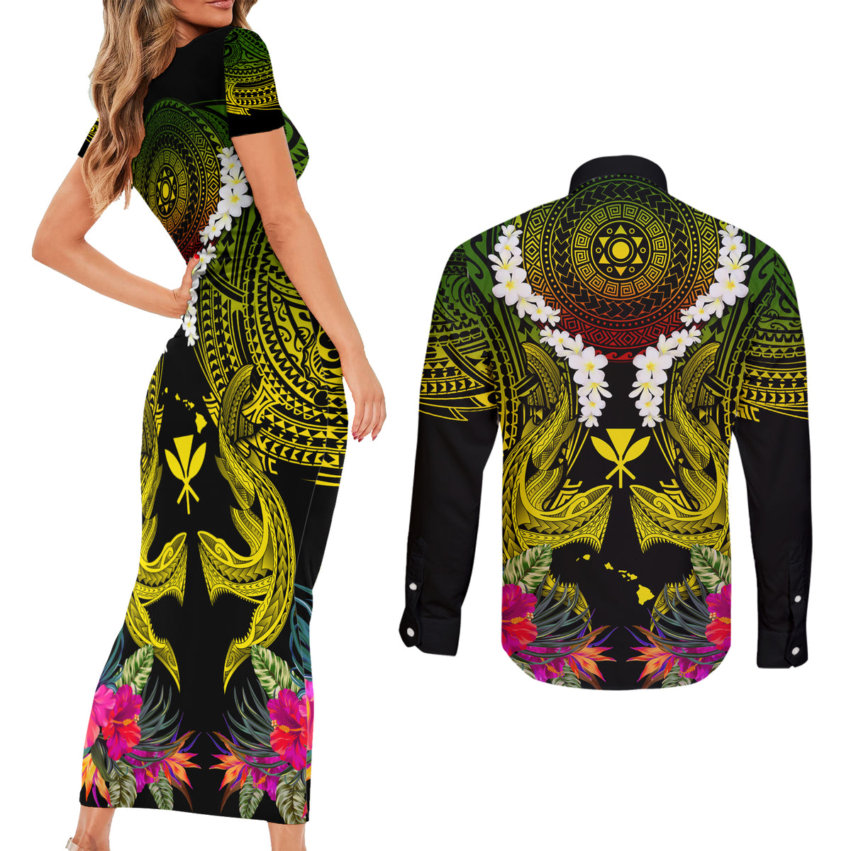 Hawaii Kanaka Maoli Couples Matching Short Sleeve Bodycon Dress and Long Sleeve Button Shirt Double Shark and Hibiscus Flowers