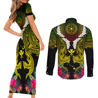 Hawaii Kanaka Maoli Couples Matching Short Sleeve Bodycon Dress and Long Sleeve Button Shirt Double Shark and Hibiscus Flowers