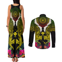 Hawaii Kanaka Maoli Couples Matching Tank Maxi Dress and Long Sleeve Button Shirt Double Shark and Hibiscus Flowers