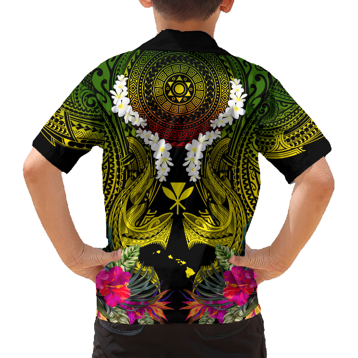 Hawaii Kanaka Maoli Family Matching Off The Shoulder Long Sleeve Dress and Hawaiian Shirt Double Shark and Hibiscus Flowers