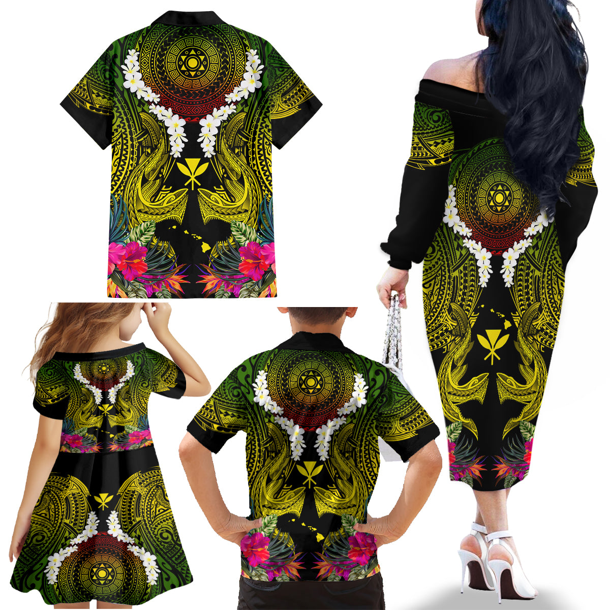 Hawaii Kanaka Maoli Family Matching Off The Shoulder Long Sleeve Dress and Hawaiian Shirt Double Shark and Hibiscus Flowers