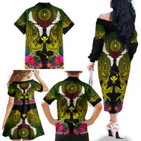 Hawaii Kanaka Maoli Family Matching Off The Shoulder Long Sleeve Dress and Hawaiian Shirt Double Shark and Hibiscus Flowers