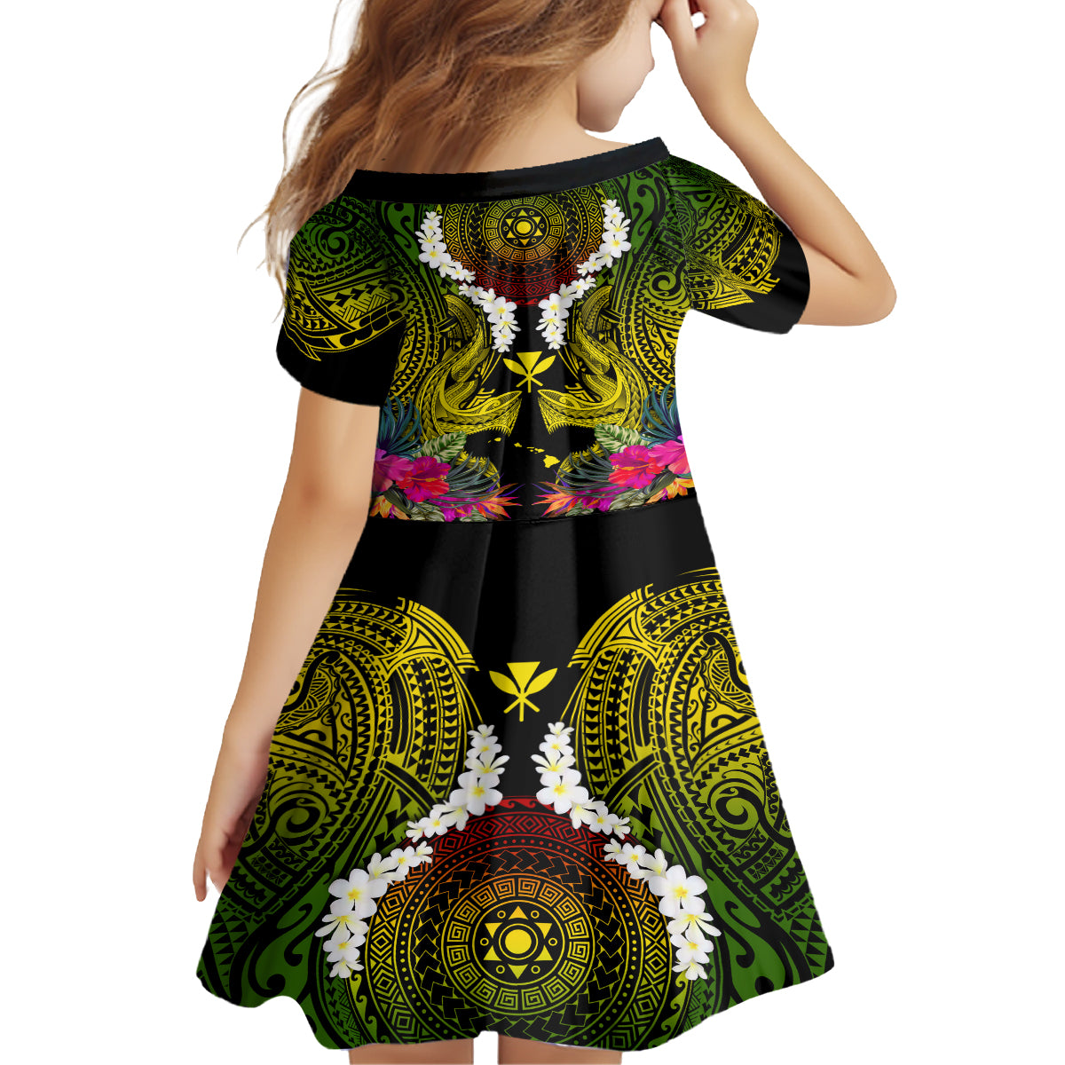 Hawaii Kanaka Maoli Family Matching Off Shoulder Short Dress and Hawaiian Shirt Double Shark and Hibiscus Flowers