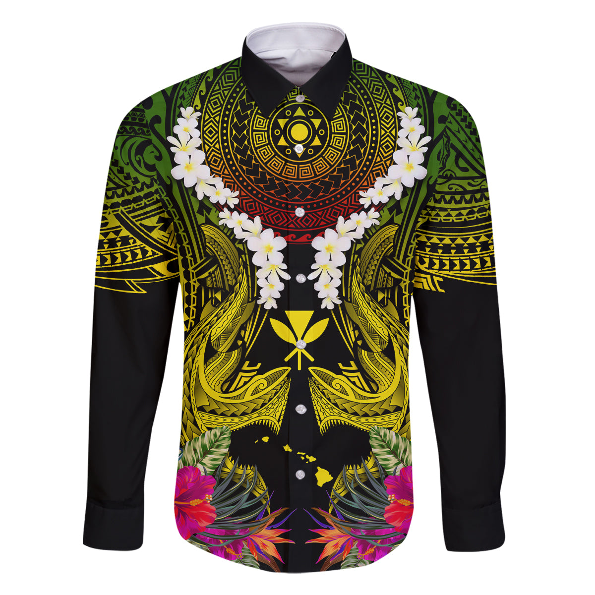 Hawaii Kanaka Maoli Family Matching Off Shoulder Short Dress and Hawaiian Shirt Double Shark and Hibiscus Flowers