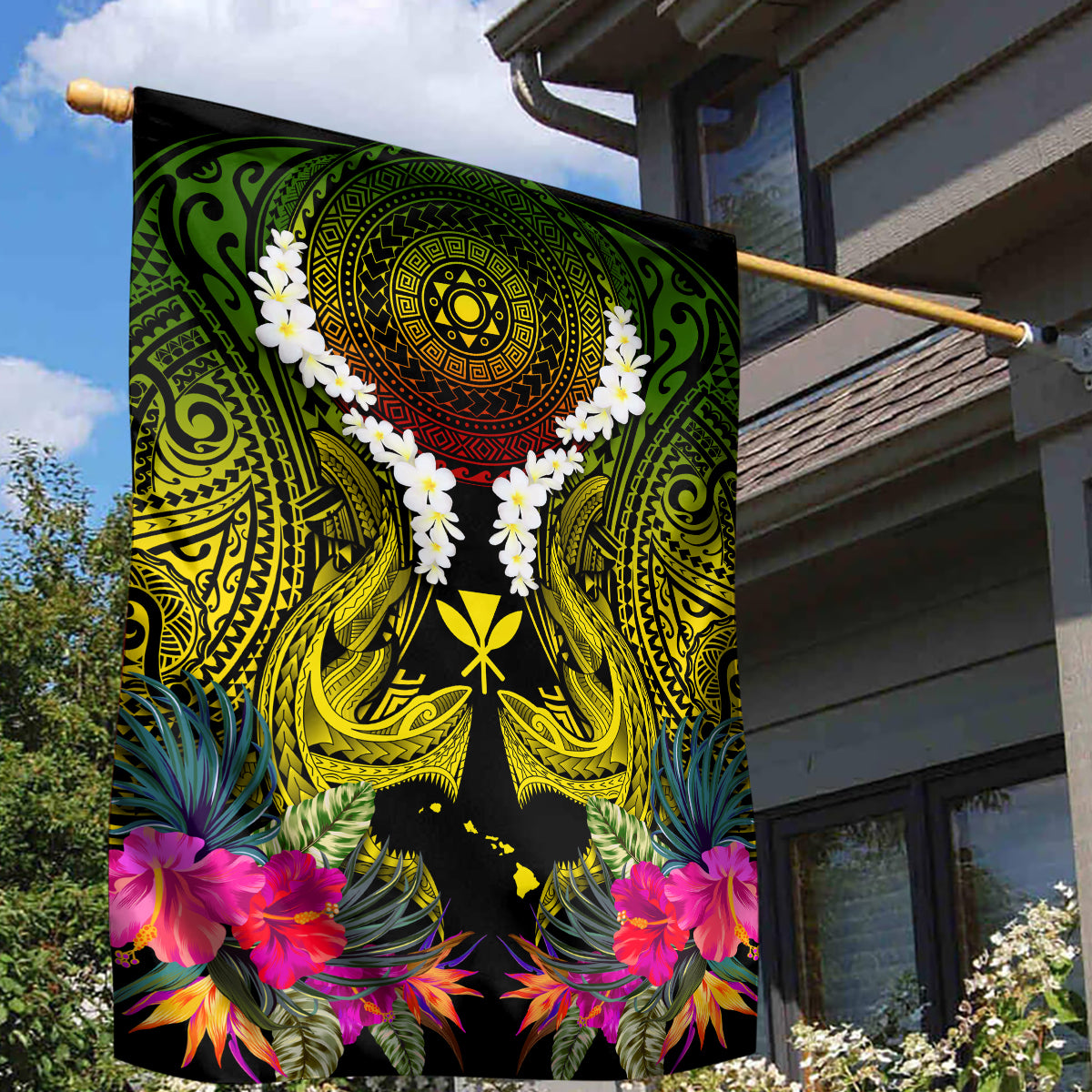Hawaii Kanaka Maoli Garden Flag Double Shark and Hibiscus Flowers