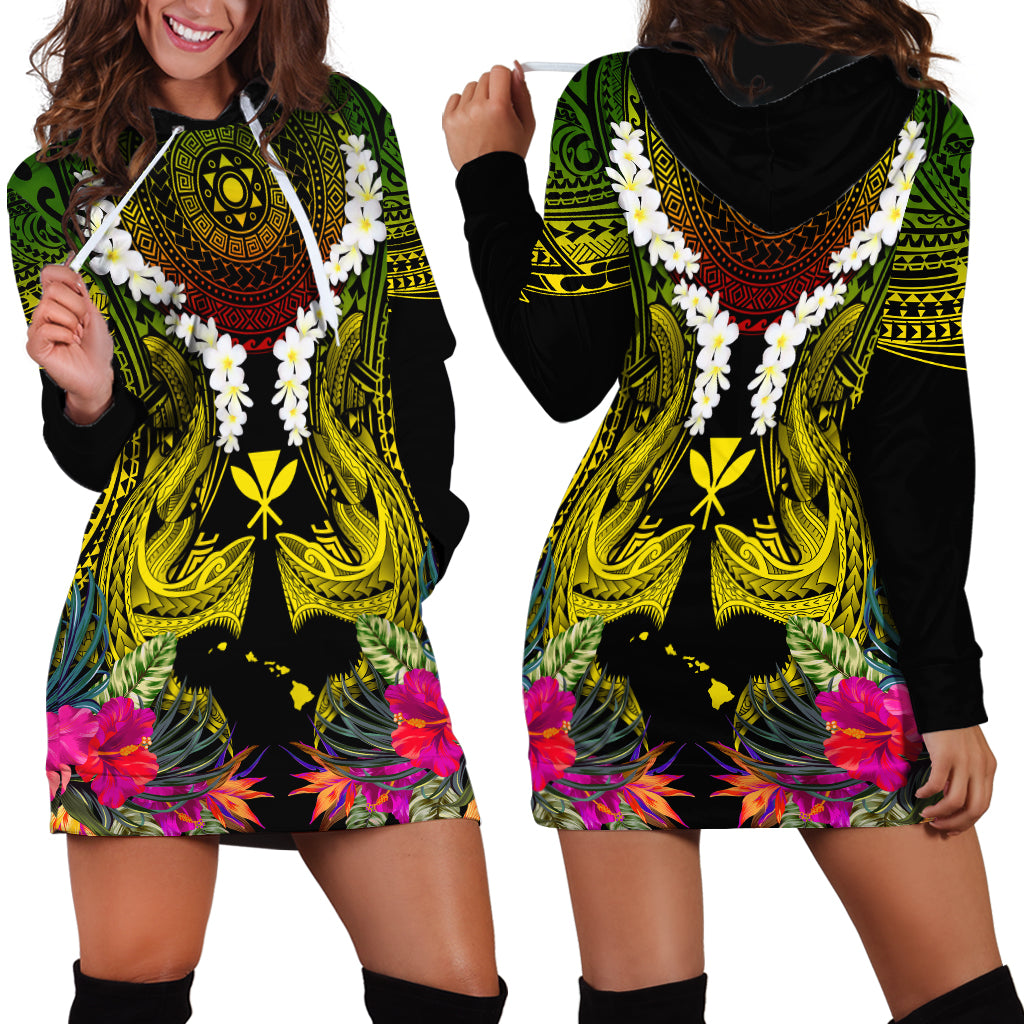Hawaii Kanaka Maoli Hoodie Dress Double Shark and Hibiscus Flowers