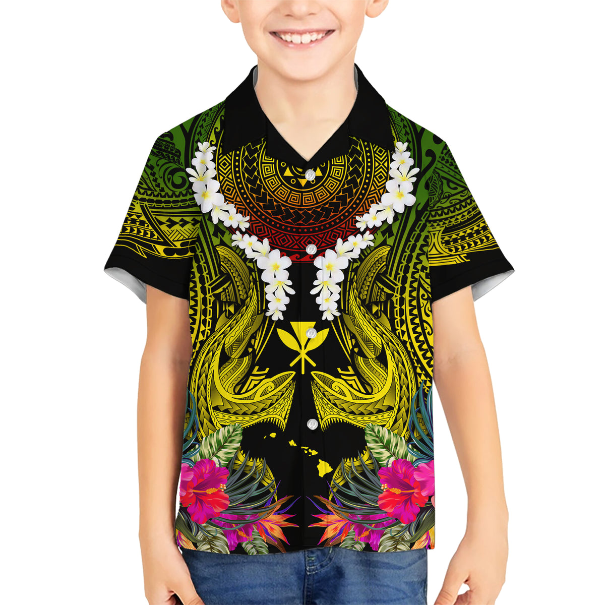 Hawaii Kanaka Maoli Kid Hawaiian Shirt Double Shark and Hibiscus Flowers