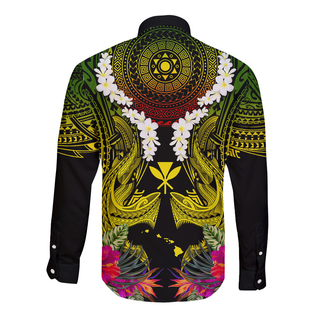 Hawaii Kanaka Maoli Long Sleeve Button Shirt Double Shark and Hibiscus Flowers