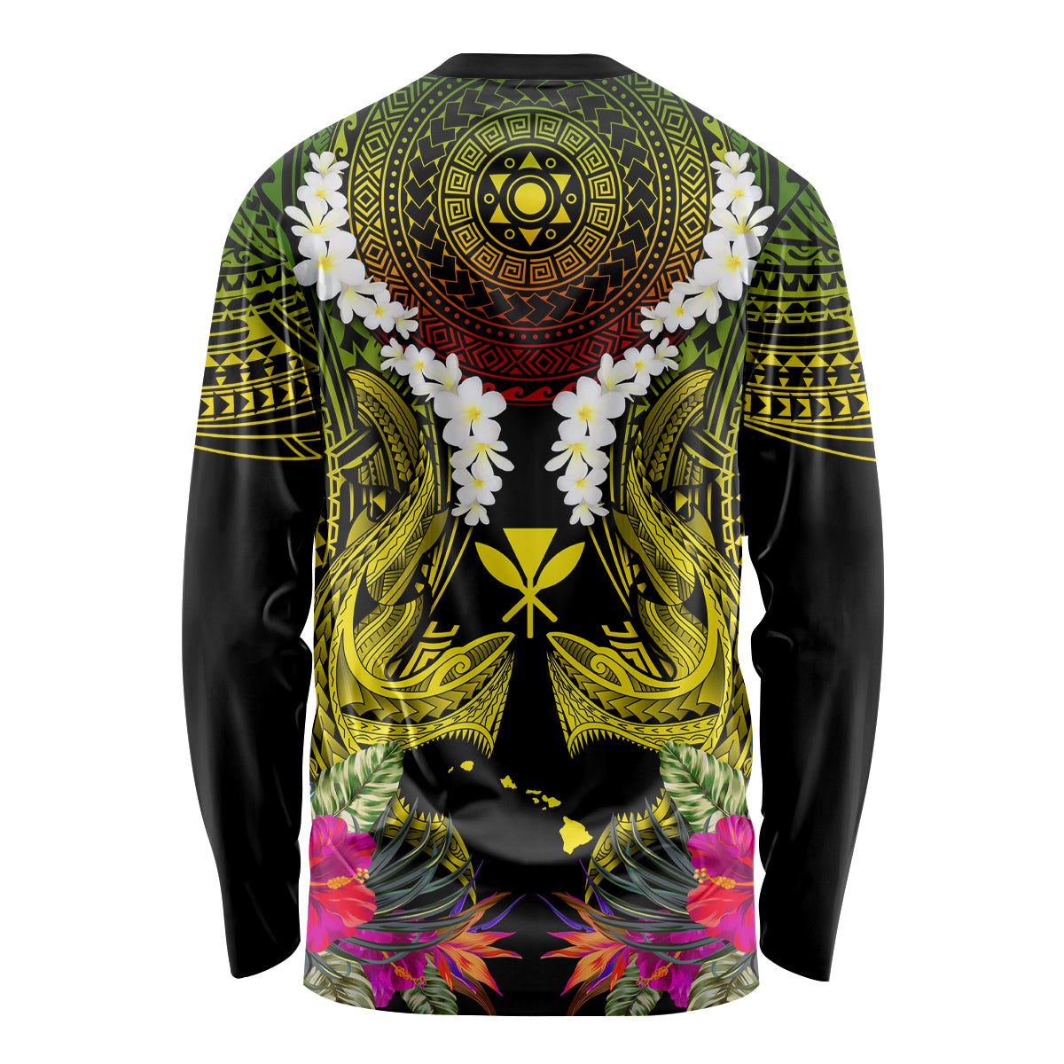 Hawaii Kanaka Maoli Long Sleeve Shirt Double Shark and Hibiscus Flowers