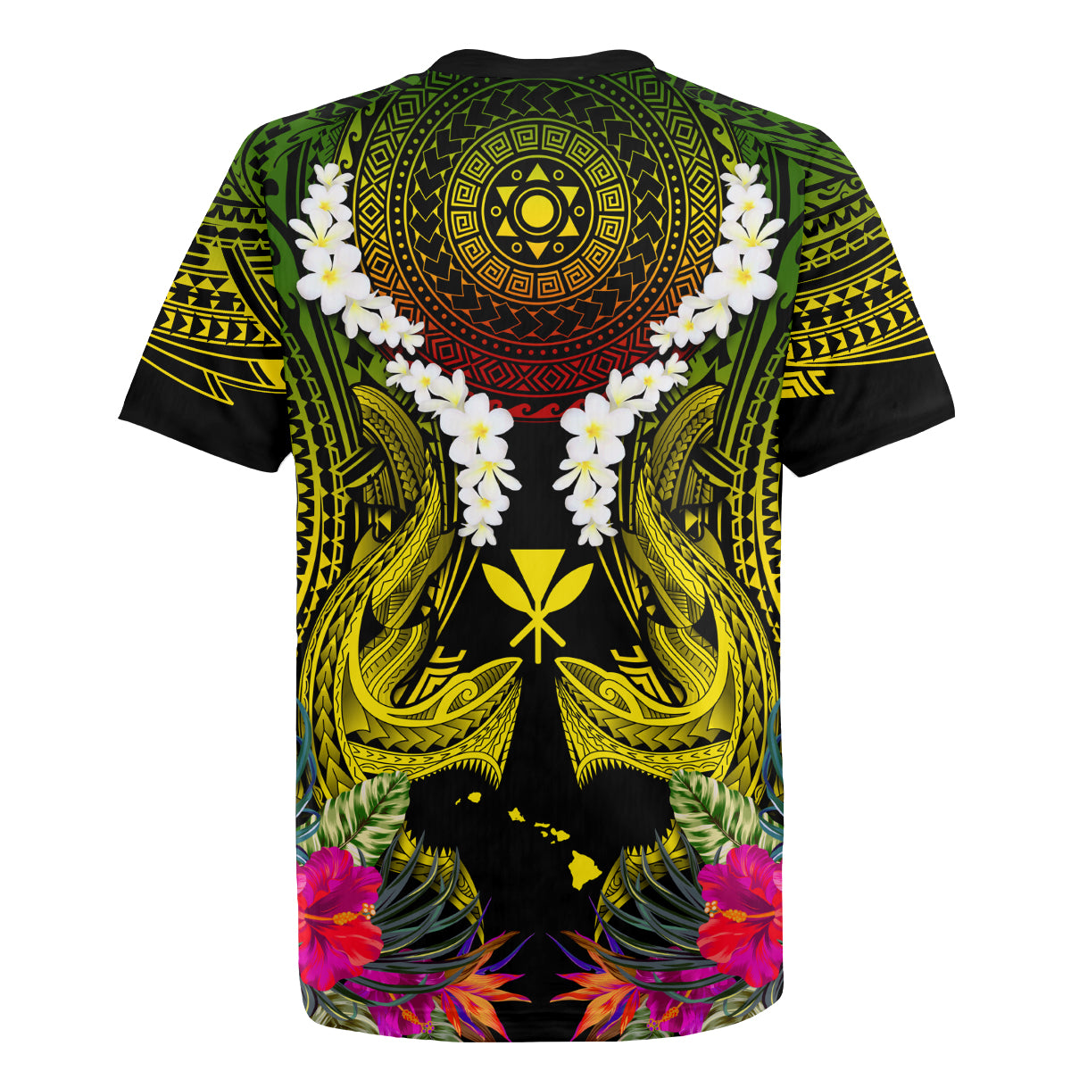 Hawaii Kanaka Maoli Rugby Jersey Double Shark and Hibiscus Flowers
