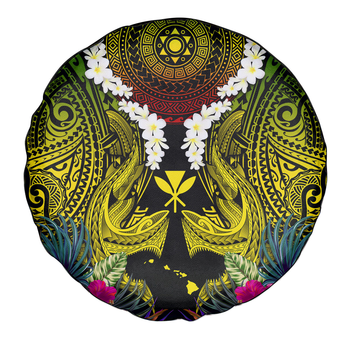 Hawaii Kanaka Maoli Spare Tire Cover Double Shark and Hibiscus Flowers