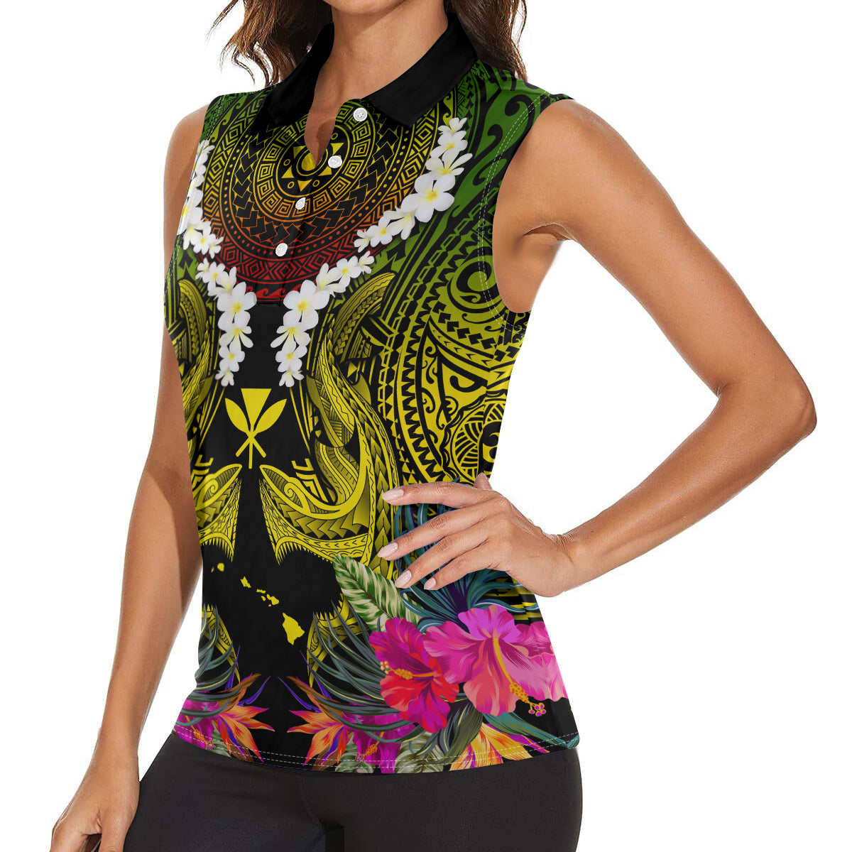 Hawaii Kanaka Maoli Women Sleeveless Polo Shirt Double Shark and Hibiscus Flowers LT03 - Polynesian Pride